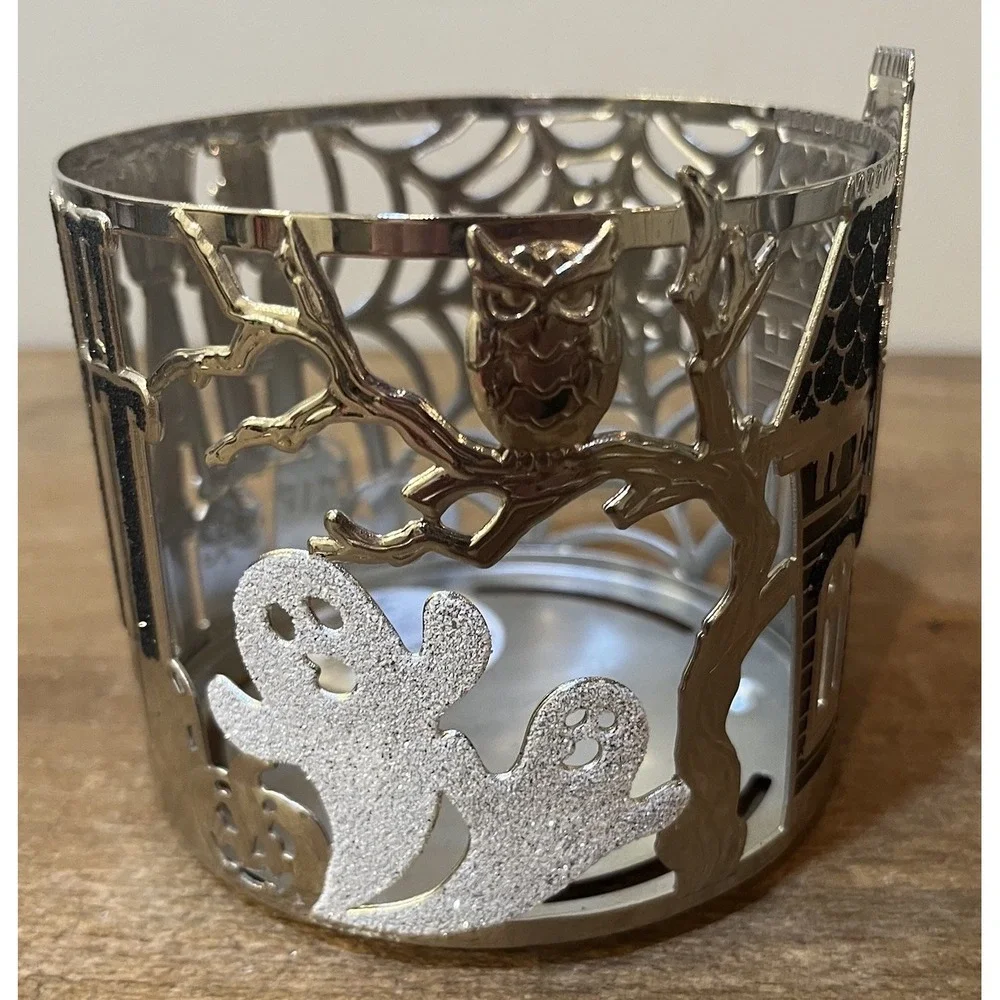BBW Halloween Haunted House 3‎ Wick Candle Holder Sleeve Glitter Ghost Spider